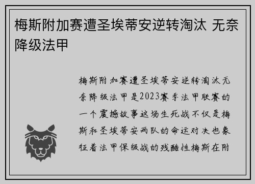 梅斯附加赛遭圣埃蒂安逆转淘汰 无奈降级法甲 梅斯附加赛遭圣埃蒂安逆转淘汰 无奈降级法甲
